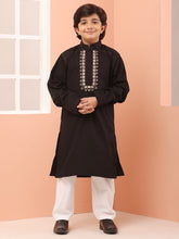 Embroidered Zip Closure Black Kurta Pajama Set for Kids Boys