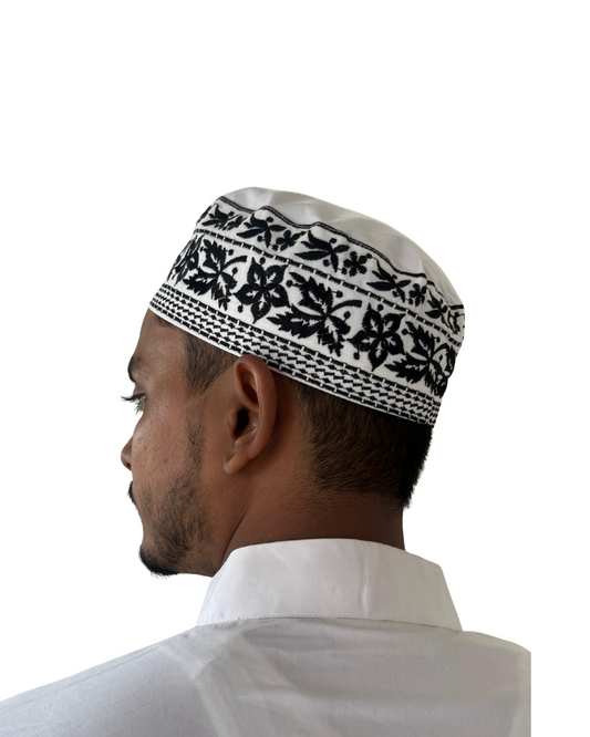 White Cotton Embroidered Prayer Kufi Cap