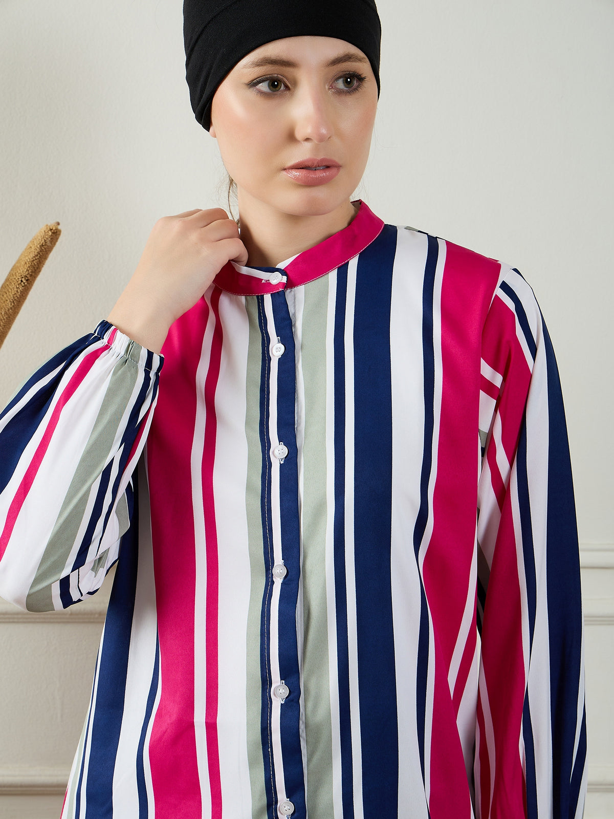 Nabia Front Open Striped Modest Shirt for Women