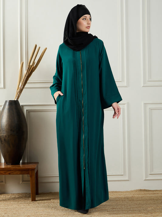 Nabia Front Open Green Zip-Closure Abaya with Black Georgette Hijab