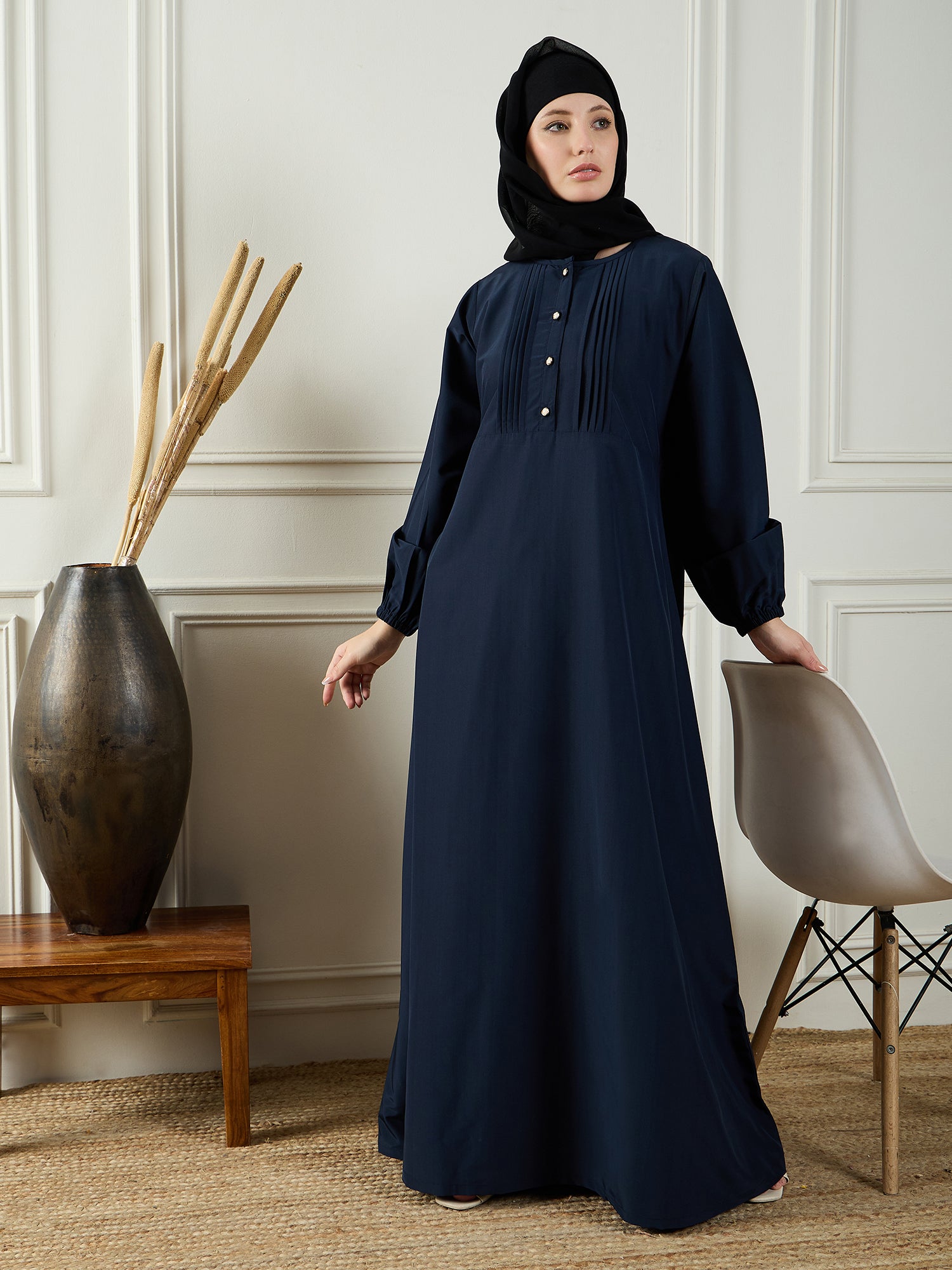 Nabia Blue Solid Abaya Dress with Black Georgette Hijab