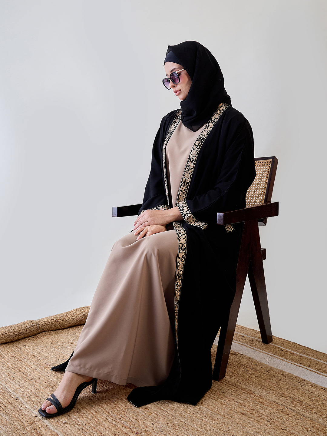 Piece Embroidered Black Shrug Set with Matching Black Hijab for Wome