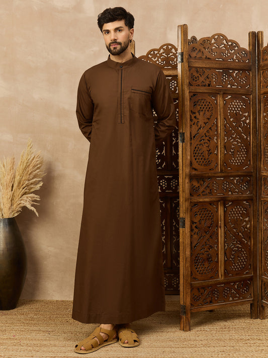 Men’s Brown Thobe with Mandarin Collar and Chest Pocket