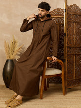 Men's Brown Thobe with Stylish Contrast Hood