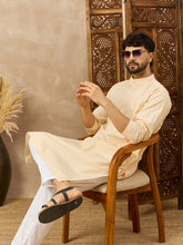 Men's Cream Solid Straight Kurta with Mandarin Collar