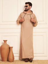 Men's Beige Thobe with Stylish Contrast Hood