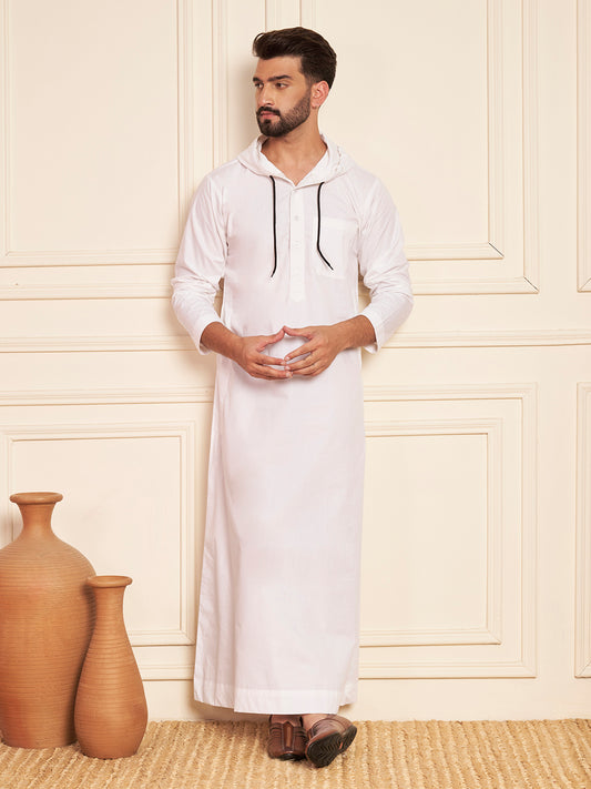 Men's White Thobe with Stylish Matching Hood