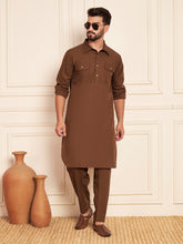 Nabia Solid Brown Pathani Kurta Pajama