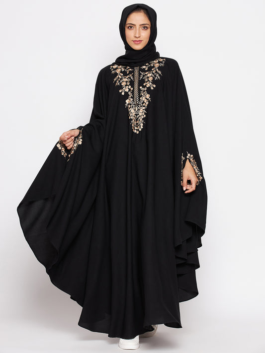 Black Irani Kaftan Abaya with Chikan Hand Embroidered with Georgette Scarf