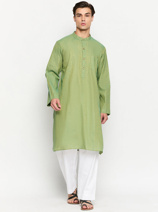 Green Solid Men's Kurta with Mandarin Collar