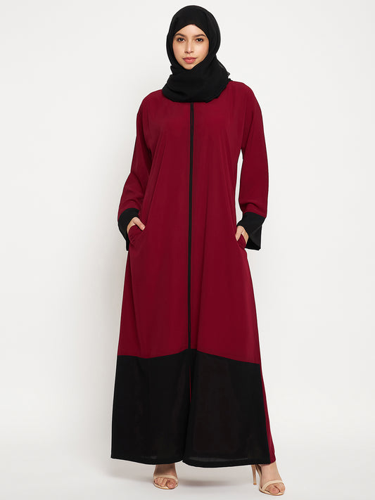 Maroon and Black A-line Abaya with Black Scarf