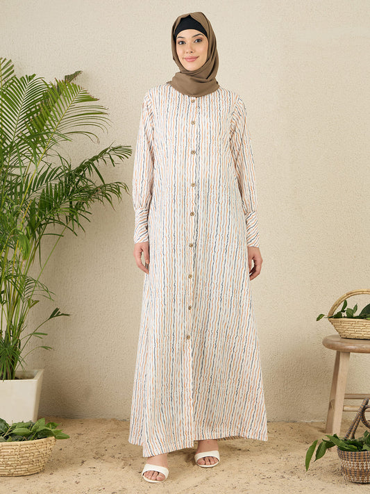 Striped Printed Front Open Abaya with Black Georgette Scarf