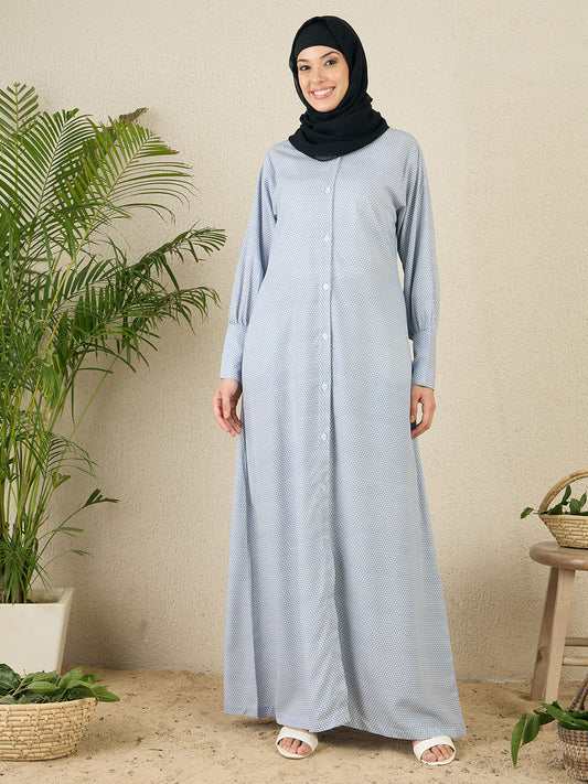 Front Open Blue Printed Abaya with Black Georgette Scarf