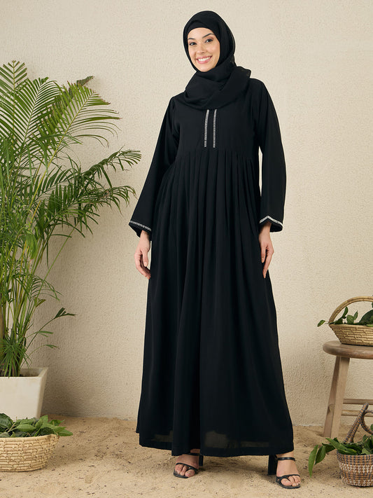 Black Embroidery Nida Matte Abaya with Black Scarf