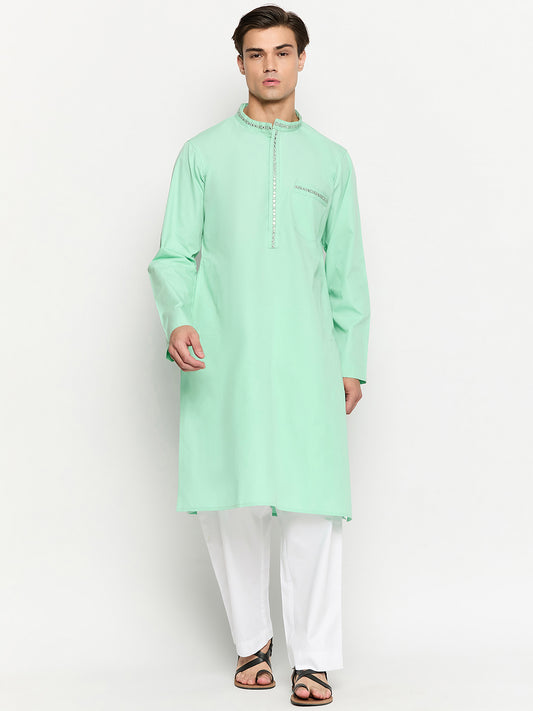Green Solid Embroidery Details Kurta For Men