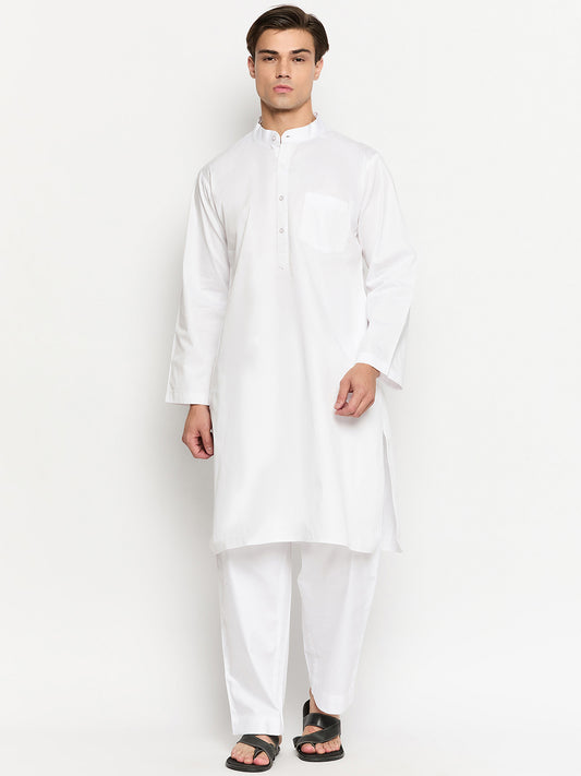 White Solid Men's Kurta with Mandarin Collar
