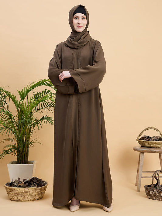 Oat (Khaki) Front Open Dubai Abaya Burqa with Matching Hijab
