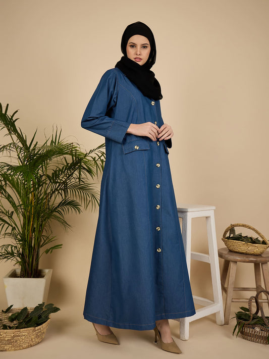 Blue Denim Front Open Abaya Burqa for Women with Georgette Hijab