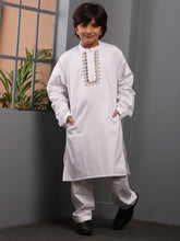 Embroidered Zip Closure White Kurta Pajama Set for Kids Boys
