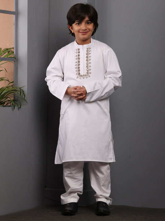 Embroidered Zip Closure White Kurta Pajama Set for Kids Boys