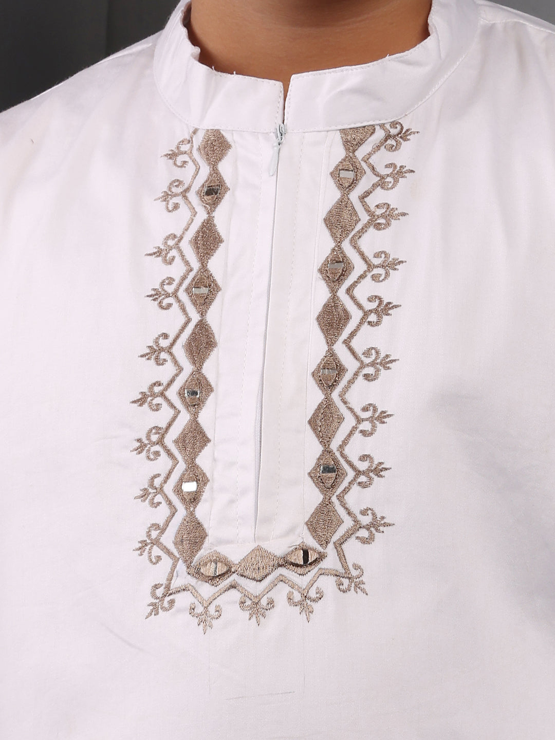 Embroidered Zip Closure White Kurta Pajama Set for Kids Boys