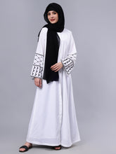 Nabia Front Open Kefiyyeh Embroidery White Abaya with Black Scarf