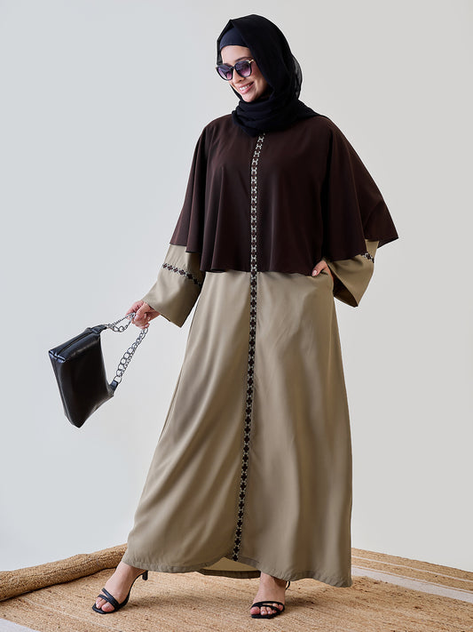 Nabia Embroidered Beige and Brown Abaya with Black Georgette Hijab