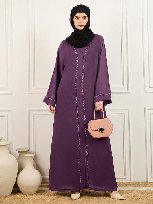Lavender Solid Handwork Abaya with Black Georgette Hijab