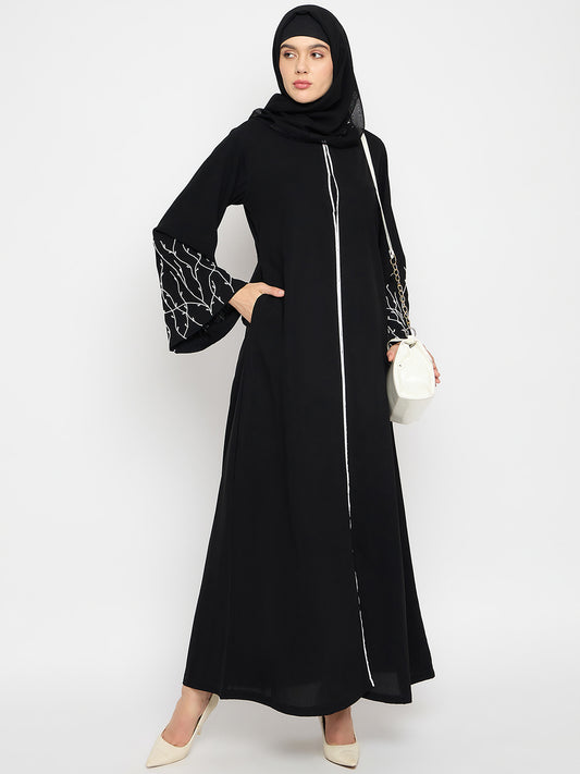 Nabia Black Solid Luxury Abaya with Black Hijab