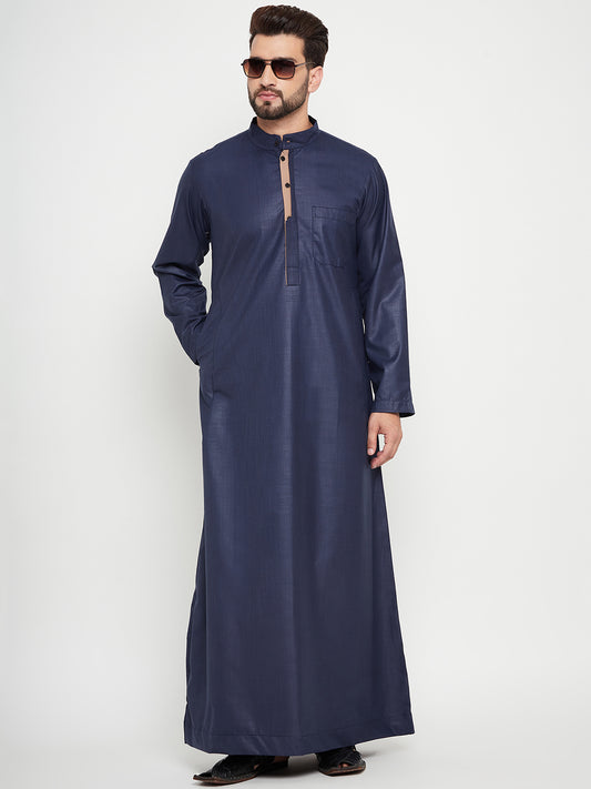 Nabia Blue Solid Mens Thobe/Jubba with Beige Piping Design