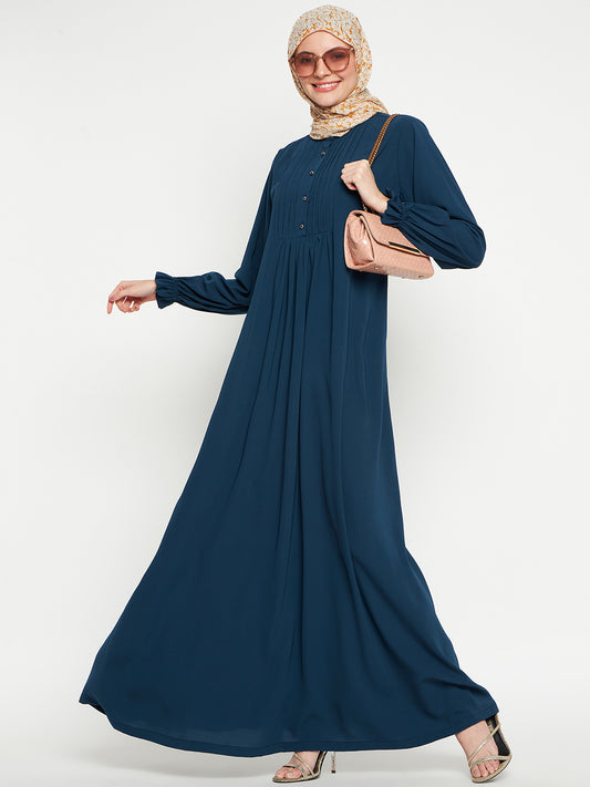 Nabia Women Teal A-line Abaya Burqa with Black Georgette Scarf