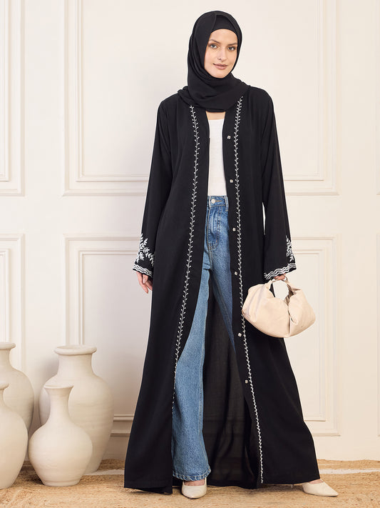 Nabia Black Handwork Front Open Abaya for Women with Black Hijab