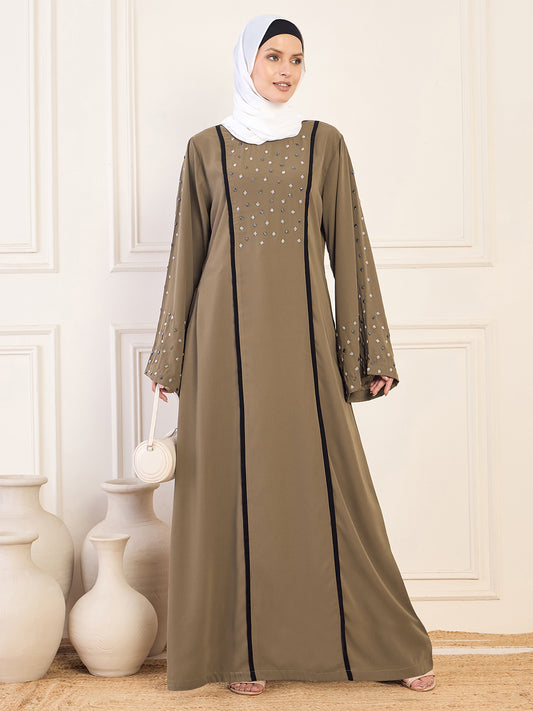 Nabia Khaki Luxury Handwork Abaya for Women with White Hijab