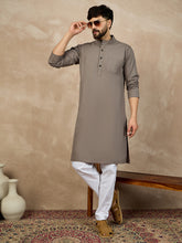 Nabia Grey Solid Cotton Kurta For Men