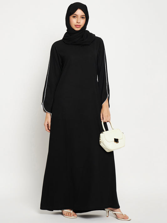Black Solid White Piping Design A-line Abaya with Black Scarf