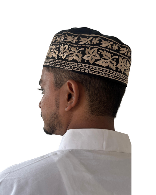 Men's Black Cotton Embroidered Kufi Cap