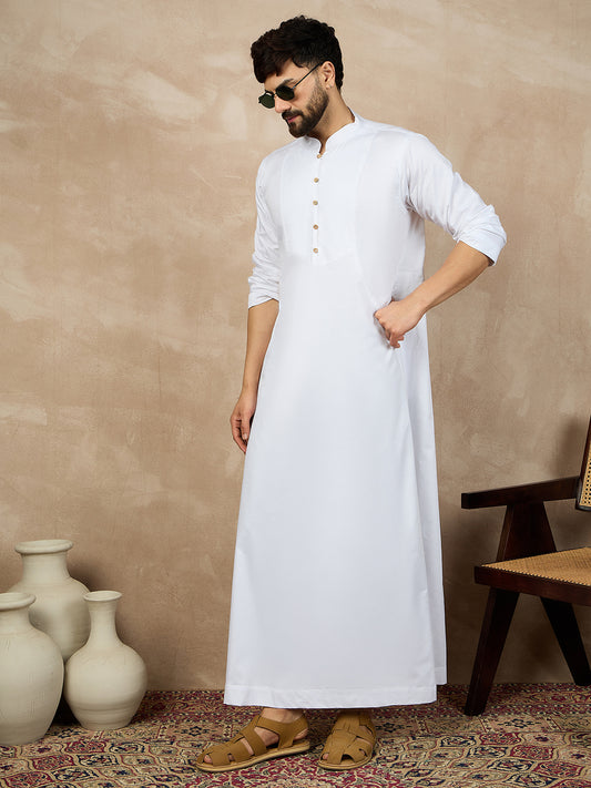 Nabia White Solid Cotton Thobe/Jubba For Men