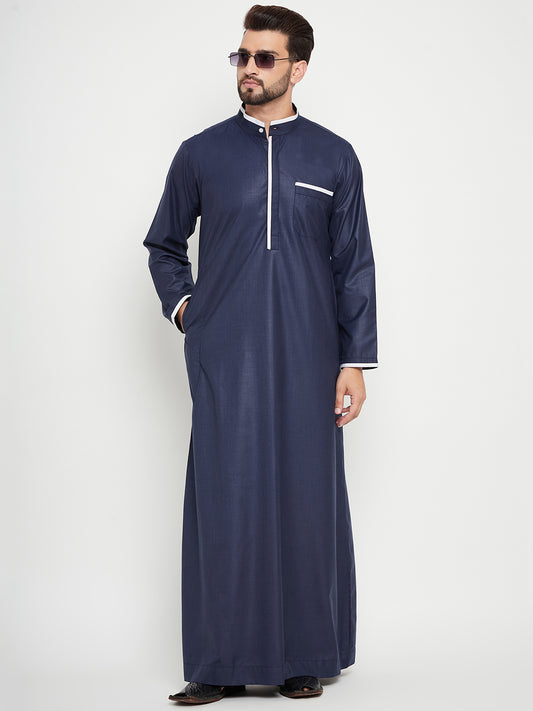 Nabia Blue Solid Mens Thobe/Jubba with White Piping Design