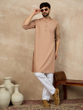 Nabia Solid Beige Cotton Kurta and White Pajama Set