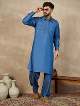 Nabia Blue Denim Pathani Kurta Pajama Set For Men