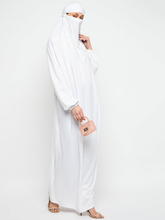 Nabia White Free Size Adjustable Nosepiece Cotton Fabric Jilbab Abaya for Girls and Women