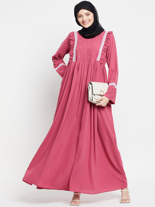 Pink Solid Lace Abaya with Black Georgette Scarf