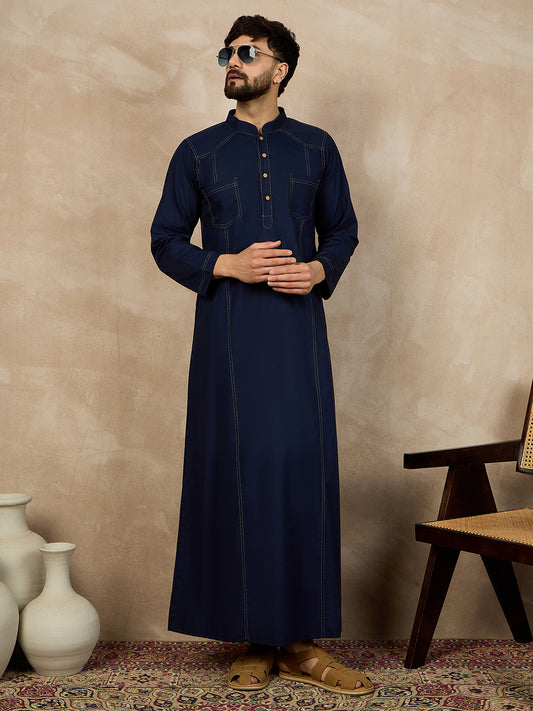 Nabia Blue Solid Men's Cotton Jubba/Thobe