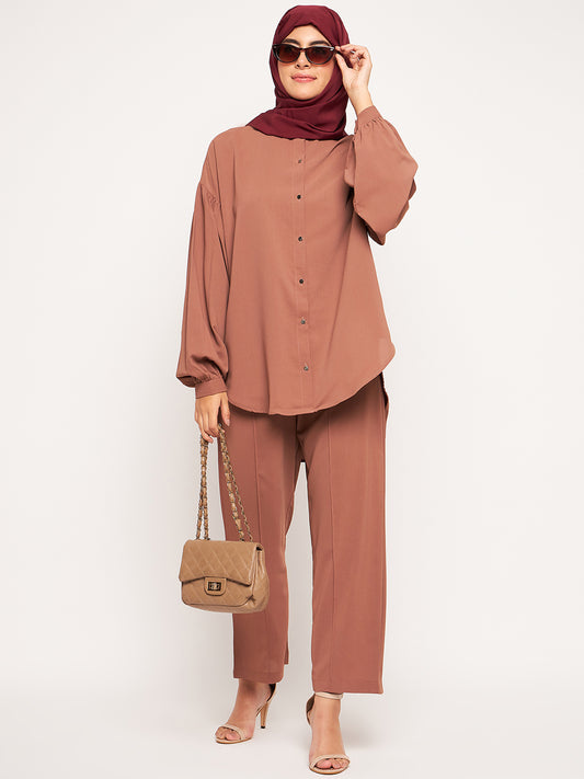 Nabia Rust Solid Cuffed Sleeves Co-ord Set for Women