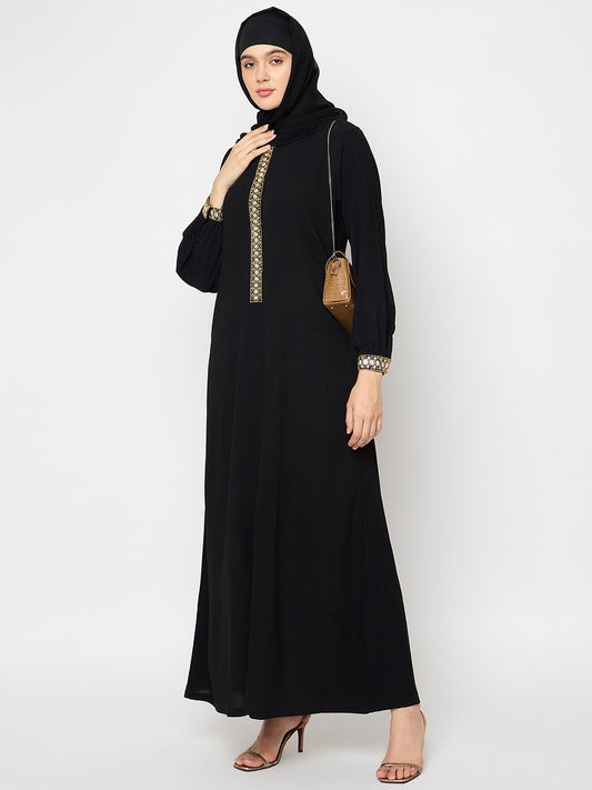 Nabia Black Solid Handwork Abaya with Black Hijab