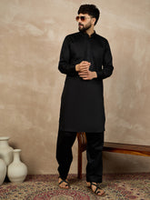 Nabia Black Cotton Pathani Kurta Pajama Set For Men