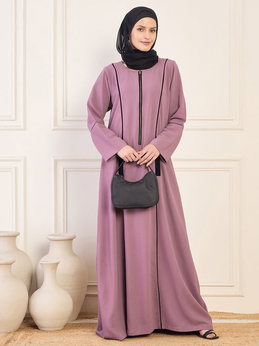 Nabia Zip-Closure Pink Abaya with Black Georgette Hijab