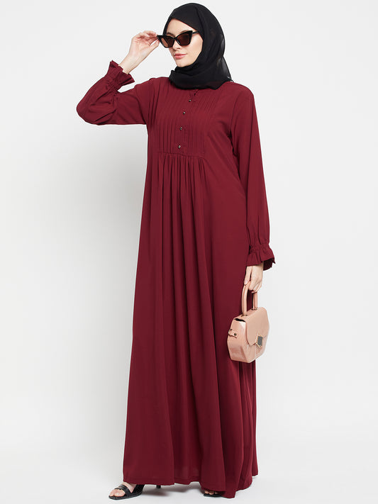 Maroon Solid A-line Abaya with Black Georgette Scarf