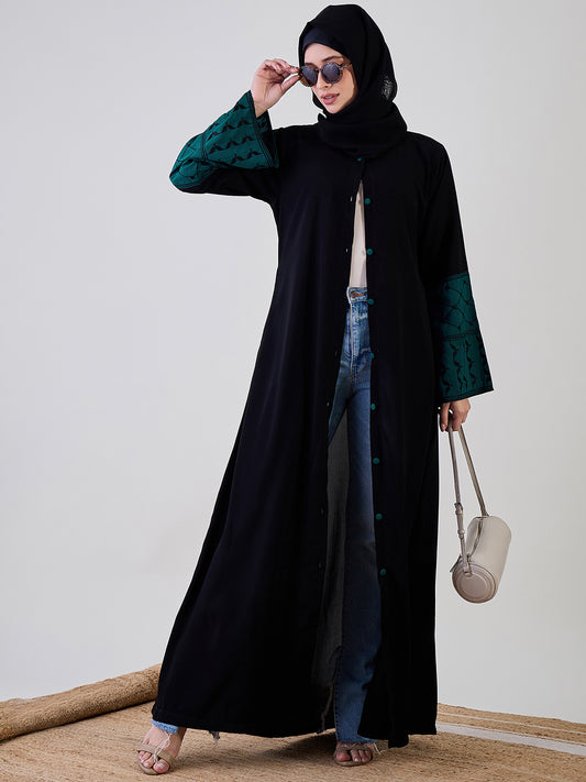 Nabia Kefiyyeh Embroidery Black Front Open Abaya with Black Georgette Hijab