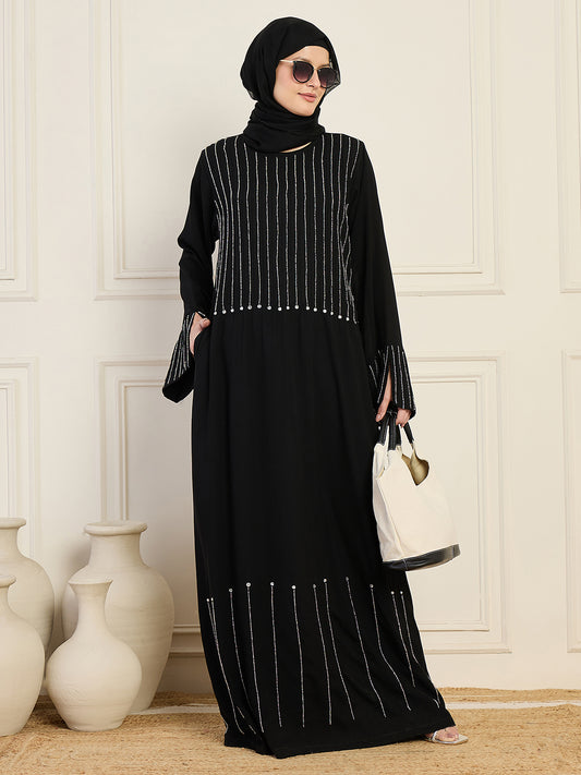 Nabia Black Solid Handwork Luxury Abaya with Black Hijab